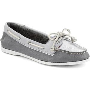 Sperry Topsider Audrey Leather Boat Shoe Silver Charcoal Grey Rawhide Ties
